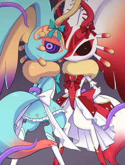 ambiguous_gender anthro antlers biped black_sclera bodily_fluids bow_ribbon chest_tuft clothed clothed_ambiguous clothed_anthro clothing countershade_torso countershading digitigrade dipstick_tail dress duo fluffy fluffy_tail fur grey_background hands_behind_back head_wings heart_symbol horn huge_wings imminent_sex imminent_tentacle_sex looking_at_viewer looking_back looking_back_at_viewer magical_girl_outfit markings mouthless multicolored_body multicolored_eyes multicolored_fur neck_tuft orange_body orange_fur pink_eyes pupils purple_tentacles red_body red_fur restrained restrained_arms restrained_by_tentacles simple_background sweat sweatdrop tail tail_markings tan_body tan_fur teal_body teal_eyes teal_fur tentacle_around_arm tentacles three-quarter_view tuft unusual_wing_placement white_body white_fur white_pupils wings amateru_kai kirby_(series) nintendo chaos_elfilis fecto_elfilis alien chinchilla chinchillid mammal rodent starling_(kirby) 2022 digital_drawing_(artwork) digital_media_(artwork) full-length_portrait portrait herm_(lore)