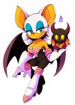 ambiguous_gender anthro black_body black_skin breasts cleavage clothed clothing duo eyeshadow female fire fur green_eyes holding_character makeup white_body white_fur wings yellow_eyes halgalaz sega sonic_the_hedgehog_(series) rouge_the_bat bat chao_(sonic) chaos_chao dark_chao dark_chaos_chao mammal absurd_res hi_res