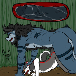 abdominal_bulge anthro ass_up biped black_hair blue_body blue_scales duo emanata forced from_behind_position frown fur genitals grey_body grey_fur hair hairy horn internal leapfrog_position male male/male male_penetrated male_penetrating male_penetrating_anthro male_penetrating_male multicolored_body multicolored_fur muscular muscular_anthro muscular_male on_ground penetration penis pinned pinned_to_ground rape red_body red_fur scales sex side_view smile snout tail vein veiny_penis hunterramirez mythology karl_(karlwolf) simon_(hunterramirez) canid canine canis dragon lizard mammal marsupial mythological_creature mythological_scalie reptile scalie wolf 1:1 digital_media_(artwork)