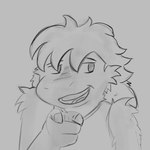 anthro fluffy gesture hand_gesture male mullet pointing pointing_at_viewer smile solo templar_ponyboy icarus_(chupa) chupadore 1:1 hi_res monochrome