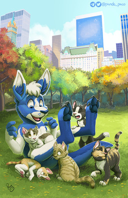 ambiguous_feral ambiguous_gender anthro blue_eyes blue_nose blue_pawpads blue_sky building eyes_closed feral fur glistening glistening_eyes grass grey_body grey_fur group hair happy head_tuft logo male markings nude one_eye_closed open_mouth open_smile orange_eyes orange_markings outside pawpads pink_pawpads plant short_hair sky smile tan_body tan_fur tree tuft white_body white_fur white_hair young young_anthro young_male pandapaco domestic_cat felid feline felis kangaroo macropod mammal marsupial artist_logo digital_media_(artwork) digital_painting_(artwork) hi_res painting_(artwork) signature