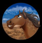 ambiguous_gender blue_eyes brown_body brown_hair brown_mane feral hair looking_up mane simple_background smile solo teeth jenery dolero equid equine horse mammal 2019 bust_portrait digital_media_(artwork) hi_res portrait