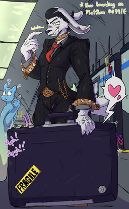 ball bdsm blindfold bondage bound clothing cuff_(restraint) duo exhibitionism gag handcuffs male male/male metal_cuffs restraints suit suitcase train vehicle bootleganime domestic_cat felid feline felis lagomorph leporid mammal rabbit absurd_res hi_res