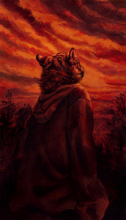 ambiguous_gender anthro black_stripes clothed clothing cloud detailed_background forest fully_clothed fur hoodie orange_body orange_fur outside plant rear_view sky solo stripes sunset topwear tree kenket felid mammal pantherine tiger 2015 half-length_portrait painting_(artwork) portrait red_theme traditional_media_(artwork) traditional_painting_(artwork)