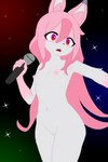 anthro breasts electronics female fur genitals hair holding_microphone holding_object innie_pussy japanese_idol microphone navel nude open_mouth pink_body pink_fur pink_hair pussy raised_arm red_eyes singing small_breasts solo standing surprised_expression white_body white_fur hikaridraws brand_new_animal studio_trigger nazuna_hiwatashi canid canine fox mammal 2:3 absurd_res hi_res