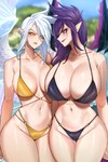 big_breasts bikini black_bikini black_clothing black_swimwear blue_body blue_feathers blue_hair blush breast_envy breasts clothed clothing duo eyelashes feathered_wings feathers female glistening glistening_body glistening_breasts glistening_skin hair huge_breasts humanoid_pointy_ears lipstick makeup navel orange_sclera pointy_ears purple_body purple_eyes purple_feathers purple_hair purple_lipstick running_makeup running_mascara sea swimwear tan_body tan_skin thick_thighs thigh_gap two-piece_swimsuit water wide_hips wings yellow_bikini yellow_clothing yellow_eyes yellow_swimwear ryuukusnpaiart league_of_legends mother_daughter_boob_envy_(meme) riot_games tencent kayle_(lol) morgana_(lol) angel fallen_angel humanoid winged_humanoid hi_res meme sibling_(lore) sister_(lore)