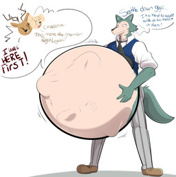 abdominal_bulge anthro belly big_belly dialogue group huge_belly male male/male male_pred male_prey same_size_vore simple_background text trio vore white_background terito beastars jack_(beastars) legoshi_(beastars) louis_(beastars) canid canine canis deer domestic_dog mammal wolf absurd_res english_text hi_res