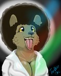 afro anthro breasts cleavage clothed clothing disco ear_piercing ear_ring female looking_up open_mouth piercing rgb_lighting ring_piercing solo teeth white_clothing yellow_eyes theblueorc canid canine mammal absurd_res hi_res