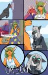 2019 2d_animation animated animated_comic anthro breasts canid canine clothed clothing comic conditional_dnp delivery_(commerce) digital_media_(artwork) dragon dress elva elvche female hi_res igazella_(oc) looking_at_breasts mammal mythological_creature mythological_scalie mythology scalie short_playtime tail
