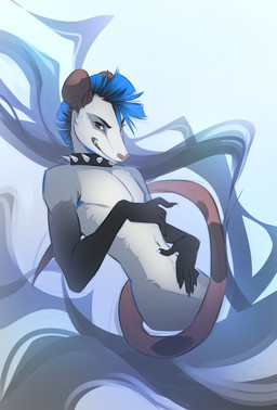 5_fingers abstract_background anthro blue_hair claws collar collar_only countershade_fur countershade_torso countershading ear_piercing ear_ring eyebrows finger_claws fingers fur hair highlights_(coloring) humanoid_hands long_tail looking_at_viewer male male_anthro multicolored_body multicolored_fur navel nude nude_anthro nude_male piercing pose ring_piercing sharp_teeth short_hair simple_background slim slim_anthro slim_male smile smiling_at_viewer smirk smirking_at_viewer snout solo spiked_collar spikes tail tasteful_nudity teeth three-quarter_view demicoeur kalus american_opossum mammal marsupial virginia_opossum absurd_res hi_res pinup portrait three-quarter_portrait