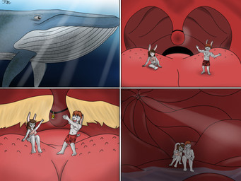 anatomically_inaccurate anthro bikini brown_hair clothing female feral fur grey_body grey_fur group hair inside_mouth inside_stomach lamp lantern male romantic romantic_couple rope size_difference soft_vore swimming_trunks swimwear throat trio two-piece_swimsuit uvula uvula_grab uvula_play vore rainmaker_(artist) baleen_whale blue_whale cetacean lagomorph leporid mammal marine rabbit whale 4:3 absurd_res comic hi_res