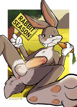 added_anatomy anthro anus balls bedroom_eyes butt carrot erection feet food foot_focus foreskin genitals grass hill holding_object humanoid_genitalia humanoid_penis lying male narrowed_eyes on_back on_ground outside penis plant presenting presenting_anus presenting_hindquarters presenting_penis rabbit_season seductive sign solo sunset text tree vegetable whiskers chozogoat looney_tunes warner_brothers bugs_bunny lagomorph leporid mammal rabbit absurd_res hi_res