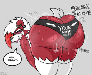 ambiguous_gender anthro arm_tuft armpit_hair armpit_tuft arrow_pointing_to_butt big_butt bodily_fluids body_hair bouncing bouncing_butt butt butt_jiggle butt_pose butt_squish clothing dialogue ear_piercing ear_ring fangs female glowing glowing_eyes huge_butt jiggling looking_at_butt musk panties piercing pose raised_tail rear_view ring_piercing sharp_teeth shoulder_tuft smelly solo sound_effects squish sweat sweat_stain sweaty_butt tail teeth text text_on_clothing thick_thighs tuft twerking underwear wobbling darkwolfhybrid nintendo pokemon shaundi_(darkwolf) canid canine generation_7_pokemon lycanroc mammal midnight_lycanroc pokemon_(species) hi_res