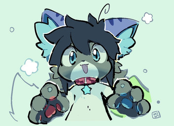 ambiguous_gender anthro black_hair blue_body blue_clothing blue_ears blue_eyes blue_fur blue_inner_ear_fluff blue_pawpads chibi claws clothing collar ear_markings fangs finger_claws fur glistening glistening_eyes grey_body grey_claws grey_fur grey_hair hair inner_ear_fluff looking_at_viewer multicolored_body multicolored_fur neckwear open_mouth pawpads pink_body pink_clothing pink_collar pink_pawpads simple_background smile solo tail teeth tuft two_tone_body two_tone_fur mintpaws domestic_cat felid feline felis mammal 2021 aliasing digital_drawing_(artwork) digital_media_(artwork) shaded signature