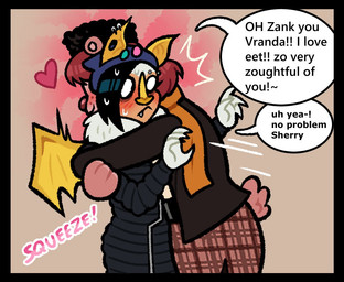 anthro black_border black_hair blush border brown_body brown_fur brown_hair clothing coat dialogue duo female fur hair heart_symbol holidays hug text topwear white_body white_fur wings blarf022 christmas sherry_bear_(blarf022) vranda_von_bat_(blarf022) bat bear honduran_white_bat leaf-nosed_bat mammal microbat yangochiropteran 2023 comic english_text