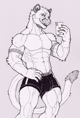 abs anthro biceps boxers_(clothing) boxers_only bulge cellphone clothed clothing detailed_bulge electronics male muscular muscular_anthro muscular_male pecs phone phone_camera pose selfie smartphone smile smiling_at_viewer solo tail topless underwear underwear_only cleiarkent ricius_teck cougar felid feline mammal hi_res traditional_media_(artwork)