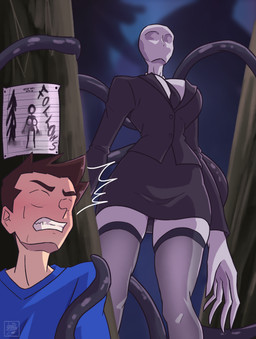 back_tentacles big_breasts black_tie_(suit) breasts clothing crossgender duo eyeless featureless_face female footwear forest male male/female mtf_crossgender note parody plant size_difference suit tentacles tree deathzera creepypasta slenderman human humanoid mammal unknown_species hi_res