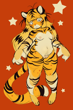 :< anthro areola breasts claws countershading female fur genitals looking_at_viewer navel nipples nude nude_anthro nude_female plump_labia pubes red_background simple_background slightly_chubby slightly_chubby_anthro slightly_chubby_female solo star striped_body striped_fur stripes tail vulva chewtoyys tiggy_(chewtoyys) felid mammal pantherine tiger 2025 absurd_res hi_res