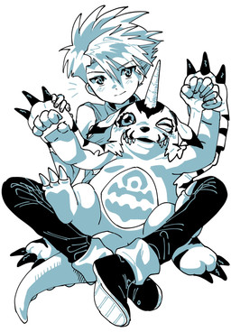 animal_skin anthro belly belly_markings duo fur horn male markings one_eye_closed sitting smile striped_body striped_fur stripes wink yuuairulove bandai_namco digimon matt_ishida digimon_(species) gabumon human mammal hi_res