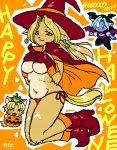 anthro blonde_hair blue_hair bodily_fluids boots breasts cape chibi clothed clothing costume ear_piercing female food footwear fruit gloves group hair handwear hat headgear headwear high_heeled_boots high_heels holidays jack-o'-lantern magic_user piercing plant pumpkin red_eyes shoes skimpy solo_focus sweat sweatdrop tail topless under_boob witch witch_hat ryou halloween al_(ryou) aria_(ryou) canid canine canis domestic_dog mammal undead vampire digital_media_(artwork) oekaki