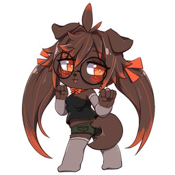 5_fingers :3 :d accessory antenna_hair anthro armwear bangs bare_shoulders biped black_clothing black_nose black_topwear blush bottomwear bow_(feature) breasts bridal_gauntlets brown_body brown_fur brown_hair brown_tail chibi cleavage clothed clothing eyebrow_through_hair eyebrows female female_anthro fingers floppy_ears fully_clothed fur garter_straps green_bottomwear green_clothing grey_armwear grey_clothing grey_legwear hair hair_accessory hair_between_eyes hair_ribbon highlights_(coloring) hotpants kemono legwear long_hair medium_breasts monotone_body monotone_fur monotone_tail multi_breast multicolored_hair orange_eyes orange_hair orange_ribbon pigtails pink_tongue plantigrade pockets pupils raised_hand ribbons shorts simple_background small_breasts smile solo standing tail thigh_highs tongue topwear translucent translucent_hair two_tone_hair white_background white_pupils hanadaiteol oinu-chan_(hanadaiteol) canid canine canis domestic_dog mammal 1:1 2019 digital_media_(artwork) full-length_portrait portrait