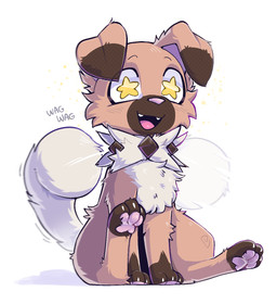 ambiguous_gender brown_body brown_fur feral fur happy open_mouth paws simple_background solo star_eyes tail tail_motion tailwag white_background gabileafy nintendo pokemon generation_7_pokemon pokemon_(species) rockruff hi_res