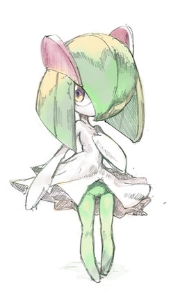 2_horns ambiguous_gender blush dark_pupils eyelashes featureless_crotch flat_chested front_view green_body green_hair green_skin hair horn iris looking_at_viewer multicolored_body multicolored_skin narrow_hips not_furry nude one_eye_obstructed pseudo_clothing purple_eyes red_horn simple_background slim solo thigh_gap thin_calves thin_legs thin_thighs three-quarter_view two_tone_body two_tone_skin white_background white_body white_skin uncopicture nintendo pokemon generation_3_pokemon humanoid kirlia pokemon_(species) full-length_portrait hi_res portrait sketch