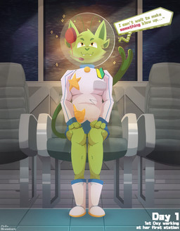 4_ears antennae_(anatomy) anthro astronaut_helmet badge blue_boots blue_clothing blue_footwear boots clothing cute_fangs detailed_background dialogue fangs female footwear forked_tail front_view fur green_antennae green_body green_clothing green_fur green_hat green_headwear green_inner_ear green_nose hands_on_lap hat headgear headwear looking_up multi_ear pupils shaking shoes sitting smile solo sparkles star tail teeth text thought_bubble topwear trembling unusual_anatomy unusual_tail white_boots white_clothing white_footwear white_topwear yellow_eyes skweekers space_station_13 stella_(skweekers) alien domestic_cat felid feline felis mammal 2025 english_text hi_res