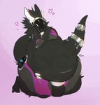 abdominal_bulge accessory ambiguous_gender ambiguous_prey anthro balls barely_visible_genitalia belly big_belly black_balls black_hair bodily_fluids chromatic_aberration drooling fondling_internal_bulge furgonomics genitals hair heart_symbol huge_belly hyper hyper_belly machine male male_pred markings oral_vore saliva smile solo tail tail_accessory tongue tongue_out vore kinkaxa thridee protogen 2023 hi_res