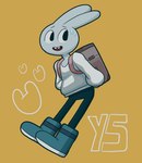 anthro backpack boots buckteeth clothed clothing footwear hands_behind_back leggings legwear number open_mouth shoes simple_background solo sweater teeth text topwear yellow_background yourrealcruise adventure_time cartoon_network y5_(adventure_time) lagomorph leporid mammal rabbit digital_media_(artwork) english_text female_(lore)