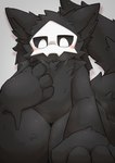 anthro black_body black_fur blush fur looking_at_viewer male mask simple_background solo tail thick_thighs wide_hips xennochan changed_(video_game) puro_(changed) canid canine canis goo_creature mammal digital_media_(artwork) hi_res