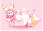 alternate_color anthro anthrofied blue_sclera blush bonnet border bow_ribbon butt clean_diaper clothed clothing diaper diaper_puff feet female front_view fur green_eyes headgear headwear heart_symbol hindpaw legs_up lying on_back pawpads paws pink_background pokemorph ribbons simple_background solo wearing_diaper white_body white_border white_fur jupiters nintendo pokemon fan_character rosalie_(ottselchu) eeveelution generation_2_pokemon pokemon_(species) umbreon 2022