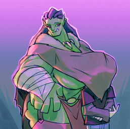 big_breasts bottomwear breasts clothing duo female huge_breasts humanoid_pointy_ears loincloth male not_furry overweight pointy_ears smile standing thick_thighs bigdad human humanoid mammal orc hi_res