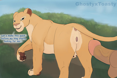 anatomically_correct anatomically_correct_genitalia animal_genitalia animal_vulva anthro anus bestiality blue_eyes dialogue duo feline_genitalia feline_vulva female feral genitals grass human_on_feral humanoid_genitalia humanoid_penis interspecies male male/female male_on_feral nipples pawpads paws penis plant quadruped raised_tail tail tail_anus teats text vein veiny_penis vulva ghostyxtoasty disney the_lion_king nala_(the_lion_king) felid human lion mammal pantherine 3:2 absurd_res english_text hi_res