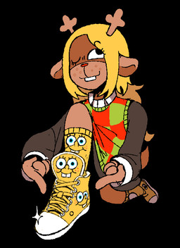 anthro antlers black_background blonde_hair brown_body brown_fur buckteeth clothed clothing female footwear freckles fur gesture green_clothing hair hand_gesture happy horn kneeling long_hair mouth_closed on_one_knee one_eye_closed pointing pointing_at_self pose red_clothing red_nose shoes simple_background smile sneakers socks solo spongebob_print sweater tail teeth topwear white_clothing white_footwear white_shoes yellow_clothing yellow_footwear yellow_shoes yellow_socks iluvrabbitz deltarune drip_(meme) nickelodeon spongebob_squarepants undertale_(series) noelle_holiday deer mammal new_world_deer reindeer 2025 digital_media_(artwork) meme portrait