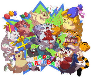 3_toes 4_fingers ambiguous_gender animal_genitalia anthro balls belly big_balls big_belly big_butt big_moobs big_tail birthday birthday_cake black_body black_ears black_fur black_nose black_stripes black_tail black_tail_tip blue_balls blue_body blue_eyes blue_fur blue_hair blue_markings blue_stripes blue_tail blue_tail_tip blush brown_ear_tips brown_tail_tip butt cake cake_on_head cheek_tuft chest_tuft closed_smile color_coded_text curvy_figure cute_fangs dessert dipstick_ears dipstick_tail ear_markings eyes_closed facial_markings facial_tuft fangs feet fingers flaccid floppy_ears food fur genitals gift glans glistening glistening_balls glistening_belly glistening_body glistening_eyes glistening_genitalia glistening_glans glistening_penis glistening_tongue gloves_(marking) green_body green_ear_tips green_eyes green_fur green_stripes green_tail_tip grey_balls group group_hug hair half-erect happy happy_birthday head_markings heart_symbol holding_another hug huge_belly huge_tail hugging_another humanoid_genitalia humanoid_penis hybrid_genitalia hybrid_penis kneeling leg_markings licking licking_another light long_hair long_tail lying male male/male markings monotone_body monotone_fur moobs mouth_closed multicolored_body multicolored_ears multicolored_fur multicolored_skin musical_note musical_symbol narrowed_eyes navel neck_tuft nude obese obese_anthro obese_male on_another on_another's_belly on_front one_eye_closed open_mouth open_smile orange_body orange_eyes orange_fur orange_hair orange_tail overweight overweight_anthro overweight_male party_popper pawpads penis pink_balls pink_body pink_fur pink_glans pink_pawpads pink_penis pink_tongue pupils red_body red_ear_tips red_ears red_fur red_markings sheath sheathed_humanoid_penis short_tail simple_background slightly_chubby slightly_chubby_anthro slightly_chubby_male slightly_chubby_young slit_pupils smile snaggle_tooth snout socks_(marking) spots spotted_body spotted_fur striped_body striped_fur striped_markings striped_tail stripes surprised symbol tail tail_markings tan_balls tan_body tan_fur teeth text thick_tail thick_thighs toes tongue tuft two_tone_body two_tone_ears two_tone_fur two_tone_tail white_background white_balls white_body white_fur white_hair white_sclera white_tail white_tail_tip yellow_eyes young young_ambiguous young_anthro chibineco rados_vein_(judenight) canid canine canis domestic_dog felid feline felis mammal mephitid pantherine skunk tiger unknown_species 2025 absurd_res colored digital_drawing_(artwork) digital_media_(artwork) english_text flat_colors hi_res lighting shaded widescreen