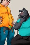 anthro belly black_body black_fur bottomwear bulge clothing duo fur humanoid_hands kemono male pants shirt simple_background sitting slightly_chubby topwear underwear unmuchunmuch human mammal 2020 2:3 hi_res