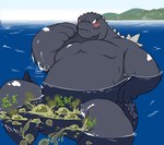 anthro back_spikes belly black_body black_scales blush bubble butt embarrassed fangs fart fart_bubbles fart_fetish island kemono male onomatopoeia outside overweight overweight_male scales sea seascape sky solo sound_effects spikes spikes_(anatomy) swimming teeth text water theycallmebeans godzilla_(series) toho godzilla dinosaur kaiju prehistoric_species reptile scalie alternate_version_at_source hi_res