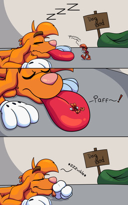 anthro big_feet big_tongue cartoon_gloves curling_toes duo extreme_size_difference feet lying macro male male/male micro on_front pawpads paws red_tongue size_difference sleeping soft_vore soles spread_toes toes tongue tongue_out toony vore doggydog doggydog_(character) roderick_(tamerkoh) toon_doggydog_(doggydog) absurd_res comic hi_res