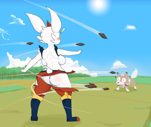 accident accidental_exposure ambiguous_gender anthro back_boob big_breasts blush bottomwear breasts butt clothing cloud duo female feral plant rear_view rock shorts sky text torn_clothing tree wardrobe_malfunction commonbleat nintendo pokemon cinderace generation_7_pokemon generation_8_pokemon lycanroc midday_lycanroc pokemon_(species) hi_res