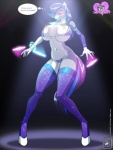 2013 absurd_res anthro arm_warmers armwear big_breasts bikini biped blue_eyes blue_hair blue_lips blush bodily_fluids bracelet breasts cardiophilia clothed clothing cutie_mark digital_media_(artwork) english_text equid equine exclamation_point female hair hasbro heart_bulge heart_symbol heartbeat hi_res hooves horse jewelry legwear lips long_hair looking_down mammal my_little_pony navel pony skimpy solo standing stockings sweat swimwear text tight_clothing under_boob walter_sache white_body white_skin worried