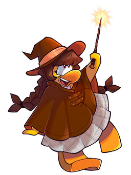 anthro bottomwear braided_hair brown_cloak brown_clothing brown_hair cloak clothing female fur grey_bottomwear grey_clothing grey_skirt hair hat headgear headwear holding_object holding_wand nrown_hat open_mouth pigtails simple_background skirt solo twin_braids wand white_background witch_hat yellow_body yellow_fur astroclicker club_penguin avian bird penguin 3:4 full-length_portrait portrait