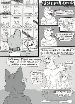 ageplay anthro bathing collar dialogue duo infantilism male male/male male_anthro pacifier paw_mitts public roleplay text washtub bottlebear dennis_(bottlebear) manor_(bottlebear) bear mammal 2022 comic digital_drawing_(artwork) digital_media_(artwork) english_text hi_res