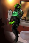 abs anthro bathroom black_body bodily_fluids breasts cleavage clothed clothing collar crop_top cum cum_on_face genital_fluids genitals glory_hole green_clothing green_eyes green_hair green_penis gynomorph hair hole_in_wall humanoid_genitalia humanoid_penis intersex machine male penis public_restroom restroom_stall shirt sink solo toilet topwear urinal charlotart aspekt_(protogen) protogen absurd_res hi_res