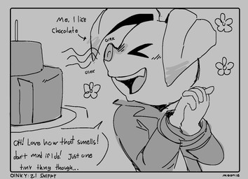 anthro cake clasped_hands clothing coat dessert dialogue eyes_closed fangs female food open_mouth open_smile smile sniffing solo teeth text topwear lilmoonie oinky_(lilmoonie) domestic_pig mammal suid suine sus_(pig) 2025 black_and_grey comic english_text monochrome