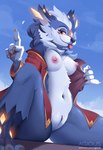 4_fingers anthro blep blue_body blue_fur breasts claws clothing cloud crystal exhibitionism female fingers fur genitals looking_at_viewer navel nipples pussy robe sky solo text tongue tongue_out white_body white_fur yellow_eyes agious canid canine canis mammal wolf 2023 hi_res url