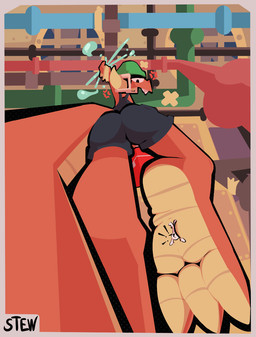 angry annoyed anthro armor bucket buckteeth butt clothed clothing container cross-popping_vein duo extreme_size_difference faceless_character faceless_male feet foot_fetish foot_focus headgear helmet macro male micro overalls perspective pipe plumbing red_body size_difference stepped_on teeth toony underfoot water mosquitostew anon humanoid kobold reptile scalie hi_res