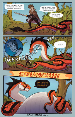 after_vore belly big_belly clothed clothing duo feral male melee_weapon orange_body outside overweight speech_bubble sword text vore weapon spicynoodleart human mammal reptile scalie snake 2025 absurd_res comic english_text hi_res