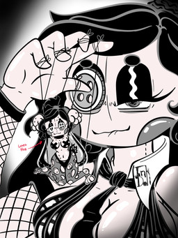 anthro bedroom_eyes black_hair bodily_fluids breasts button_(fastener) button_eyes cleavage clothed clothing doll dripping duo female fishnet_clothing forced hair heart_eyes heart_symbol ink legwear long_ears marionette narrowed_eyes necktie pasties paws ponytail powerless puppet scut_tail seductive short_tail size_difference string sweat tail thong tights torn_clothing torn_legwear underwear inkdoll animate_inanimate humanoid lagomorph leporid living_puppet mammal rabbit 3:4 hi_res