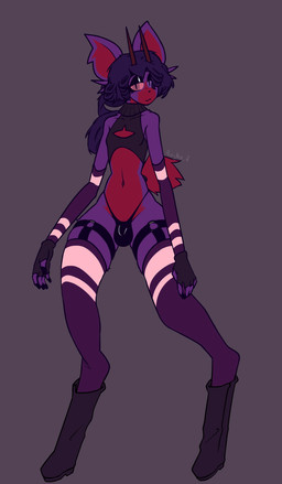 anthro arm_warmers armwear biped blue_eyes boots bottomwear bulge cleavage_cutout clothed clothing crop_top cutout detailed_bulge femboy fingerless_gloves footwear fur garter_straps genital_outline gloves hair handwear heterochromia hooves horn keyhole_turtleneck legwear looking_at_viewer magenta_body magenta_fur makeup male pattern_arm_warmers pattern_armwear pattern_clothing pattern_legwear pattern_thigh_highs penis_outline ponytail purple_body purple_clothing purple_eyes purple_hair red_body red_eyes red_fur shirt shoes simple_background solo striped_arm_warmers striped_armwear striped_clothing striped_legwear striped_thigh_highs stripes sweater thigh_highs thong tired topwear turtleneck underwear aujko lyg_(aujko) deer mammal new_world_deer pudu absurd_res hi_res